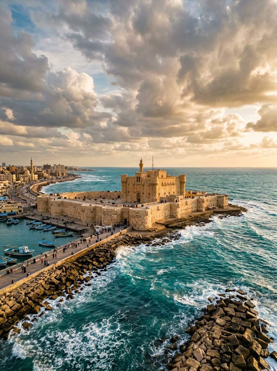 Citadel of Qaitbay on Alexandria's Mediterranean coastline with turquoise waters