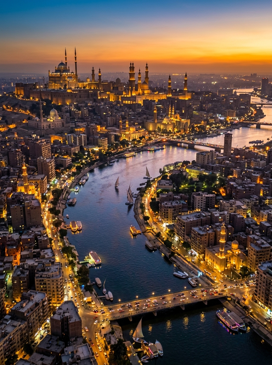Aerial view of Cairo at twilight with the Nile River and illuminated mosques