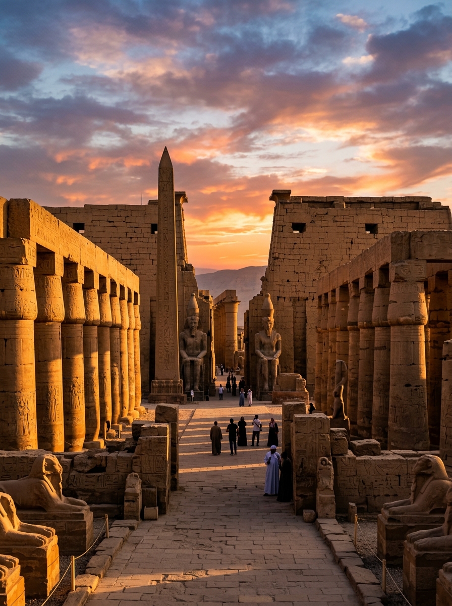 Luxor Temple at golden hour with ancient columns illuminated by sunset